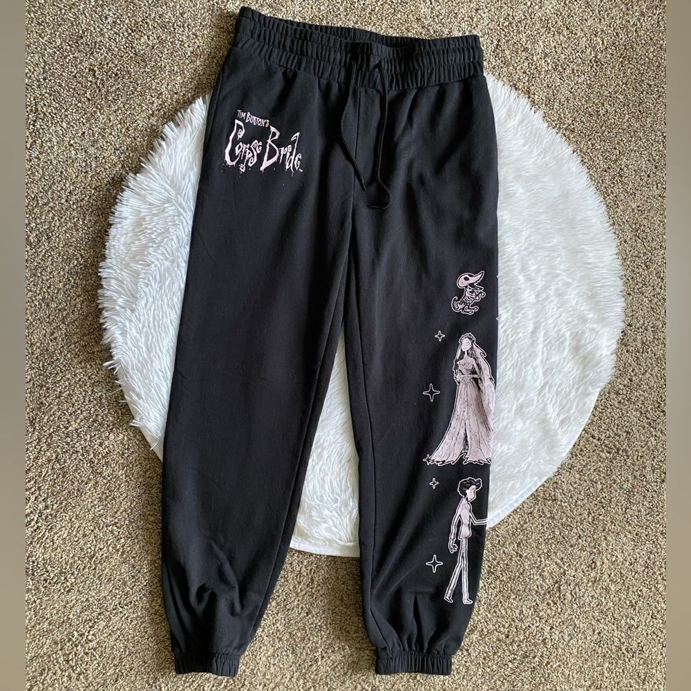 Tim Burtons Corpse Bride Sweatpants Black Pink‎ Drawstring Waist Womens Medium